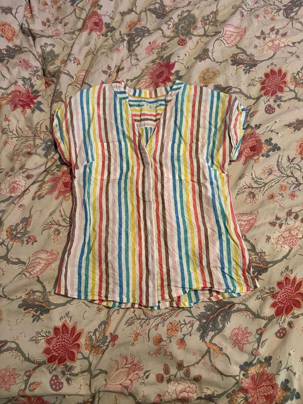 Boden Linen Blouse Size US 2R Multi Rainbow Striped Short Sleeve Top